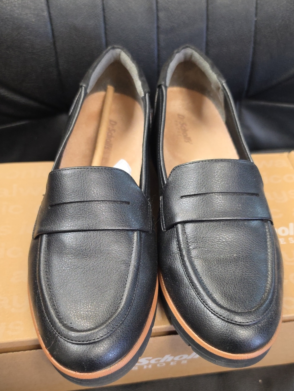 Dr. Scholl's Black Leather Penny Loafers with Tan Trim